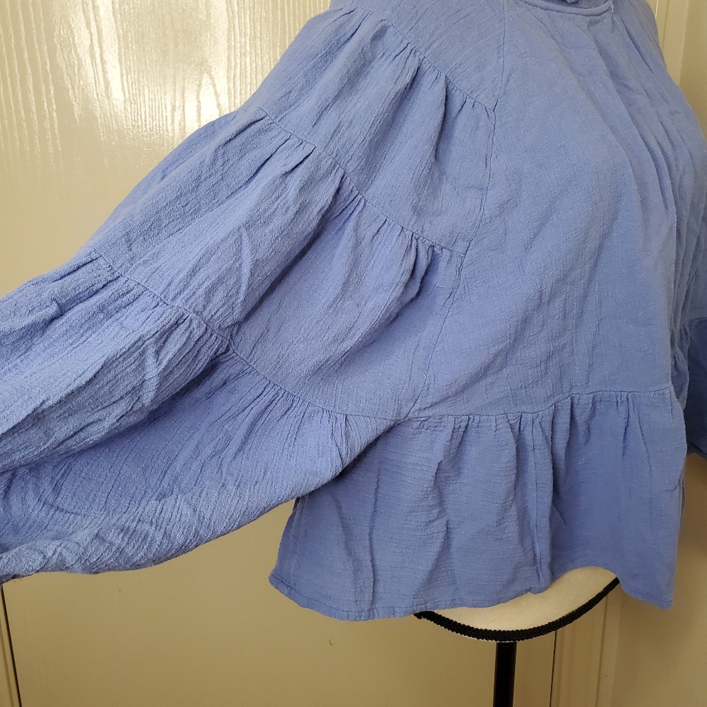 Free People Womens Blue Gauze Cotton Peplum Open‎ Back Long Sleeve Size Small - Picture 5 of 12